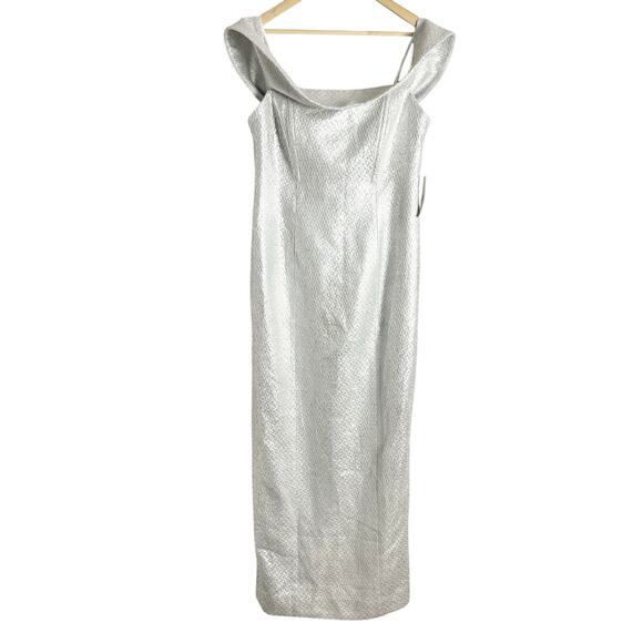 Mestiza New York Mona Silver Metallic Tweed Off the Shoulder Formal Gown 14 - Picture 4 of 12